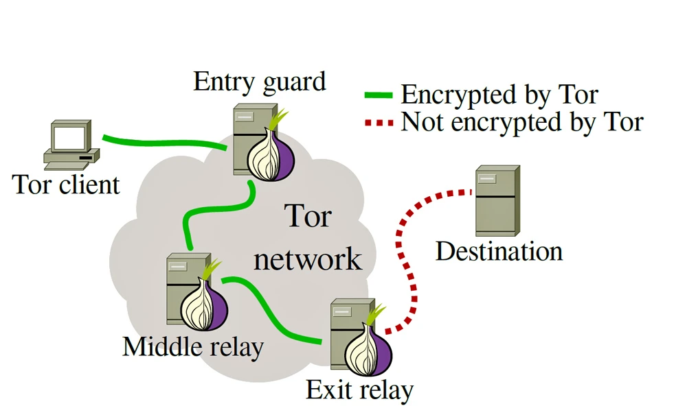 Schematic diagram of a Tor circuit and the types of Relays